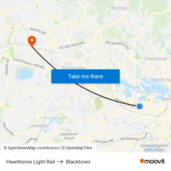 Hawthorne Light Rail to Blacktown map