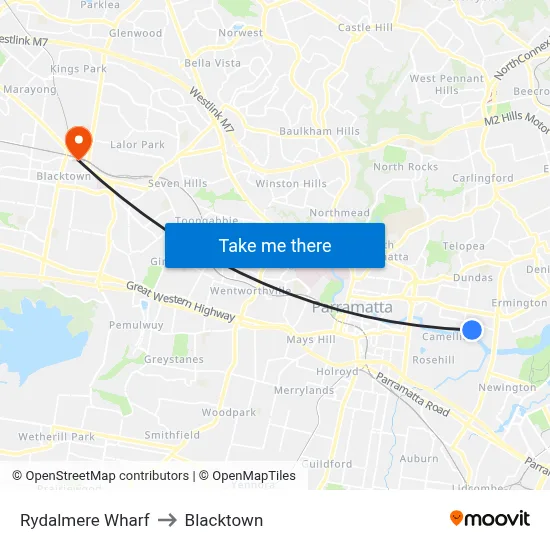 Rydalmere Wharf to Blacktown map