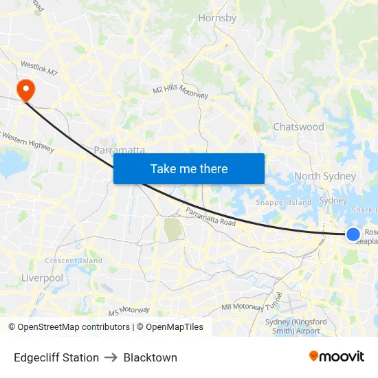 Edgecliff Station to Blacktown map