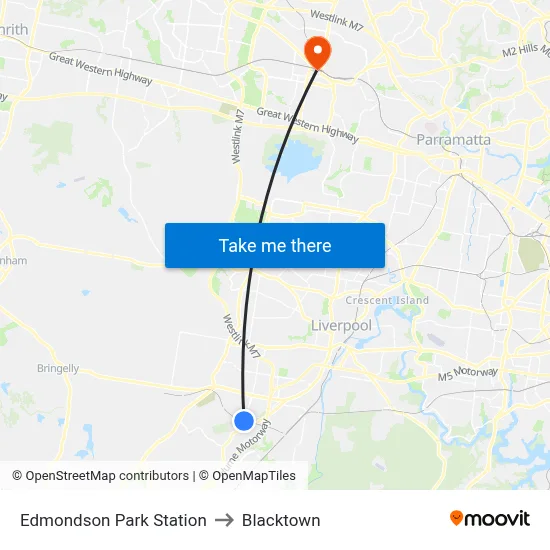 Edmondson Park Station to Blacktown map
