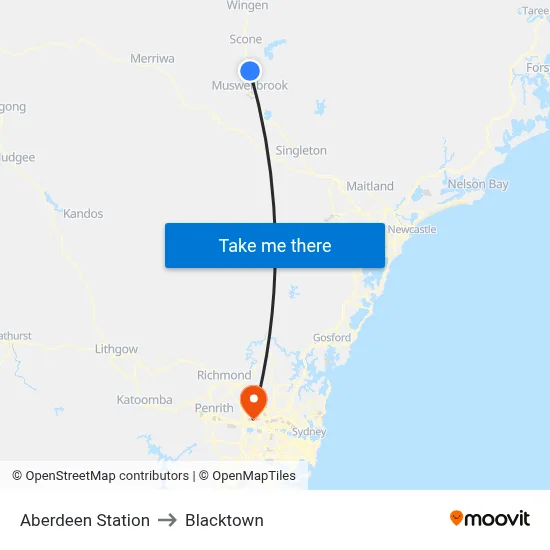 Aberdeen Station to Blacktown map
