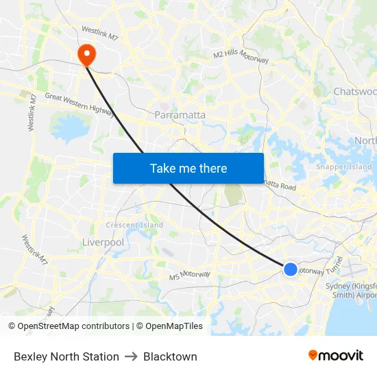 Bexley North Station to Blacktown map
