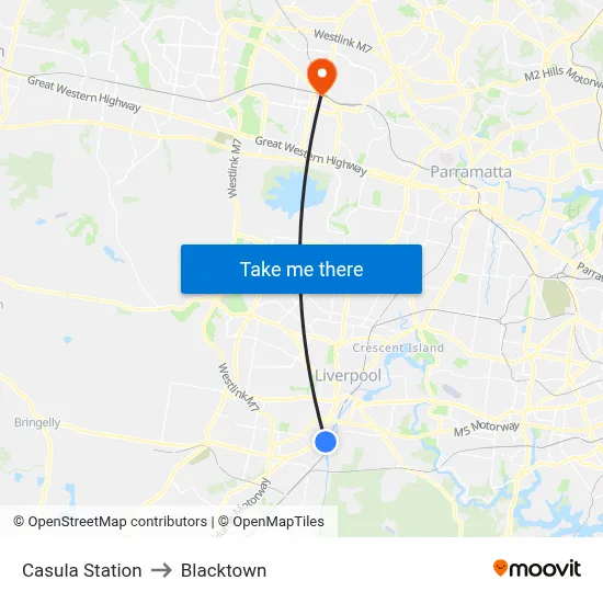 Casula Station to Blacktown map