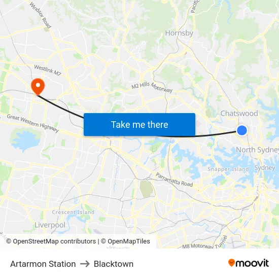 Artarmon Station to Blacktown map