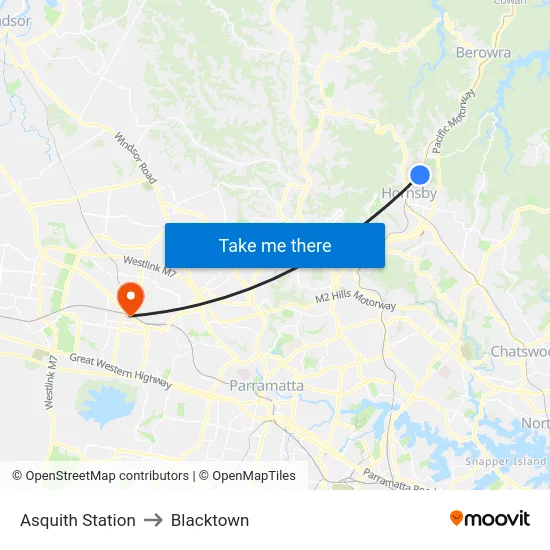 Asquith Station to Blacktown map