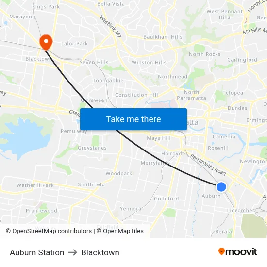 Auburn Station to Blacktown map