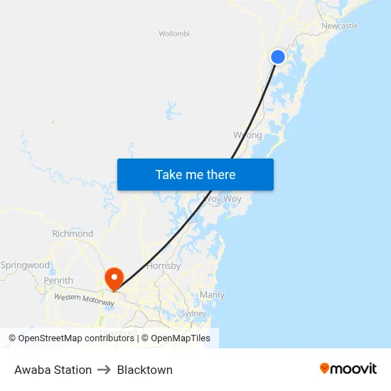 Awaba Station to Blacktown map