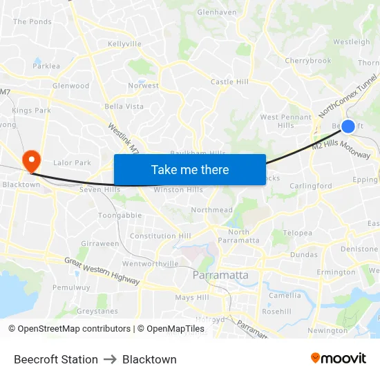 Beecroft Station to Blacktown map