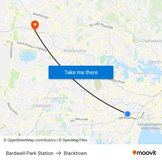 Bardwell Park Station to Blacktown map