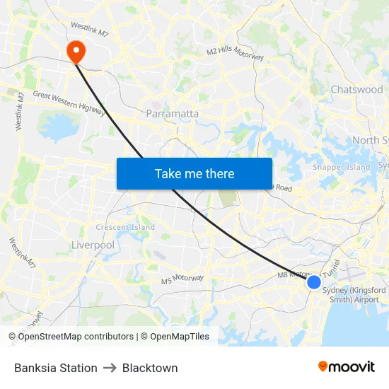 Banksia Station to Blacktown map