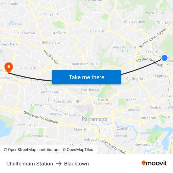 Cheltenham Station to Blacktown map
