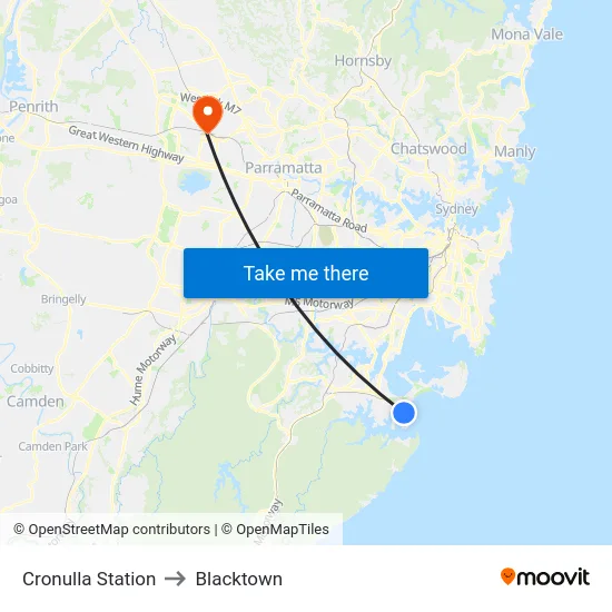 Cronulla Station to Blacktown map