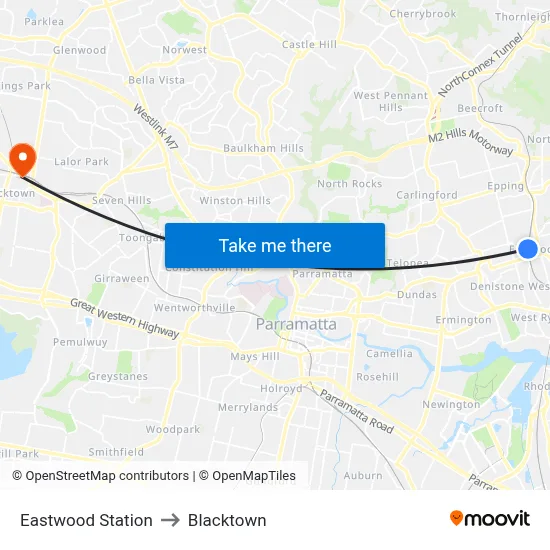 Eastwood Station to Blacktown map