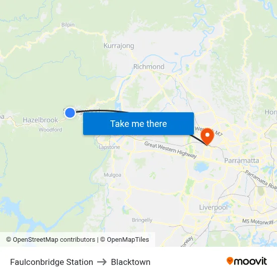 Faulconbridge Station to Blacktown map