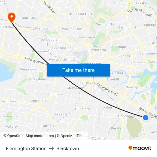 Flemington Station to Blacktown map