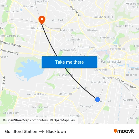 Guildford Station to Blacktown map