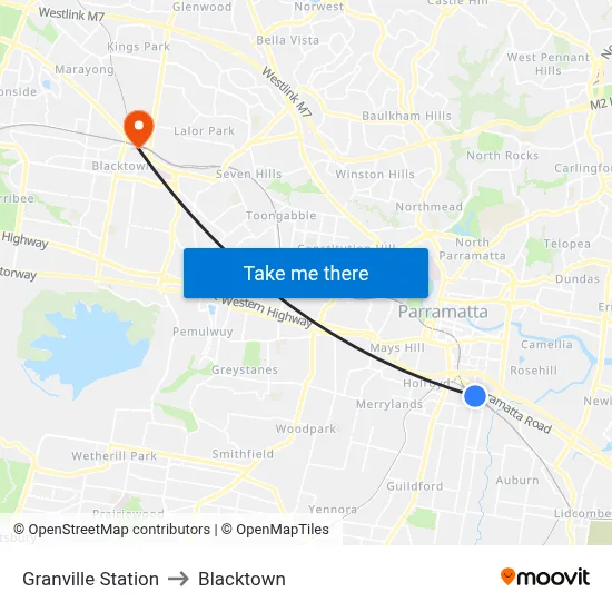 Granville Station to Blacktown map
