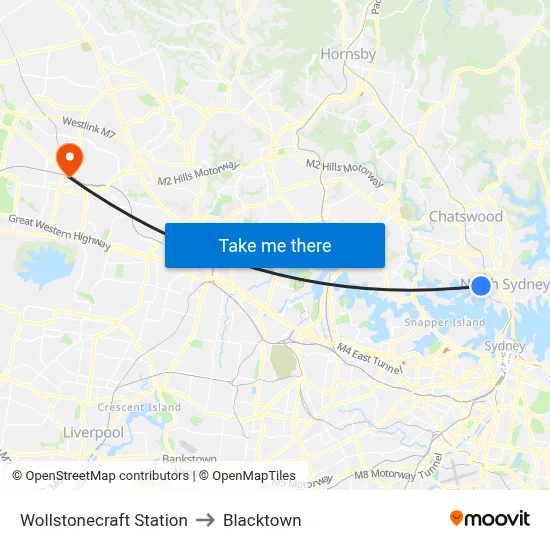 Wollstonecraft Station to Blacktown map