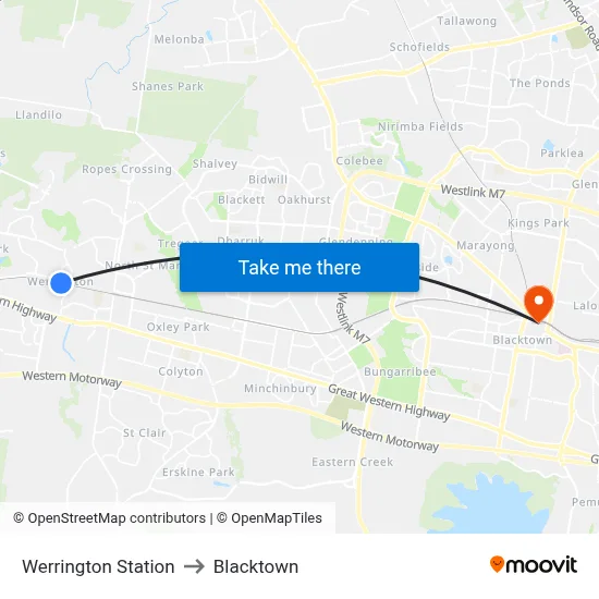 Werrington Station to Blacktown map