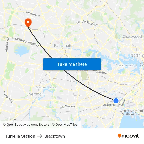 Turrella Station to Blacktown map