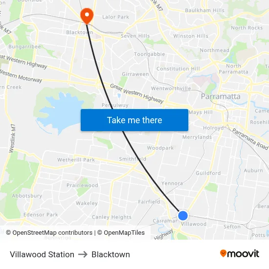 Villawood Station to Blacktown map
