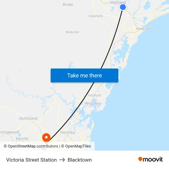 Victoria Street Station to Blacktown map