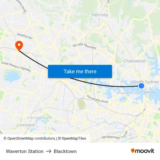 Waverton Station to Blacktown map