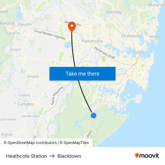Heathcote Station to Blacktown map