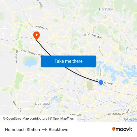 Homebush Station to Blacktown map