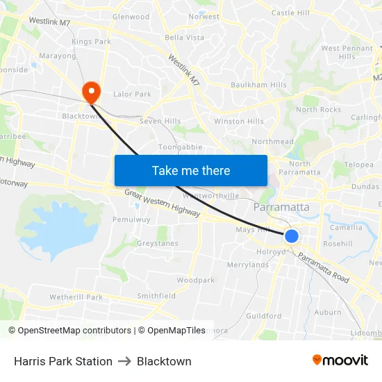 Harris Park Station to Blacktown map
