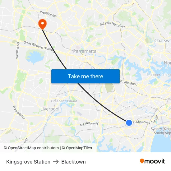Kingsgrove Station to Blacktown map
