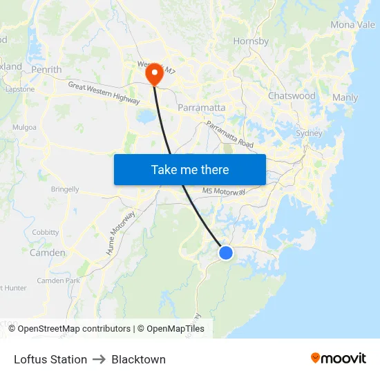 Loftus Station to Blacktown map