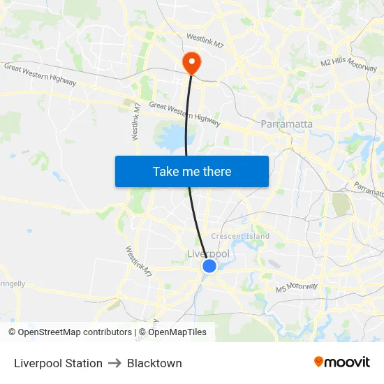 Liverpool Station to Blacktown map