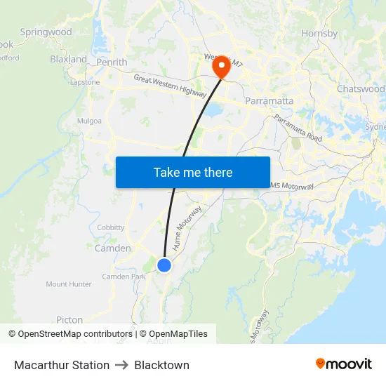 Macarthur Station to Blacktown map