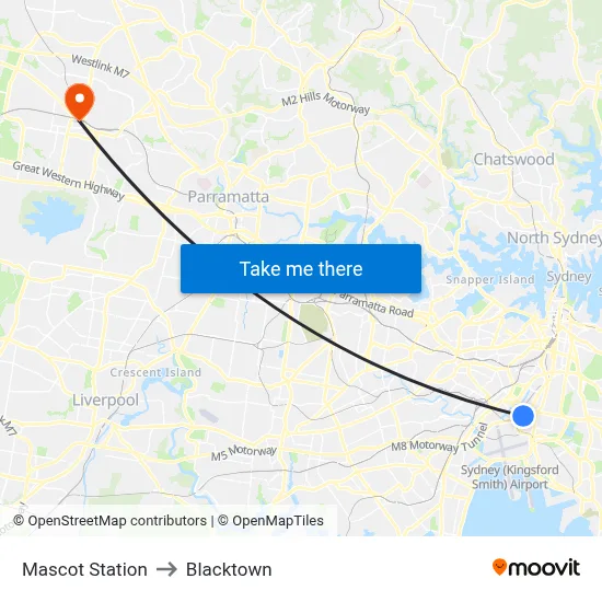 Mascot Station to Blacktown map