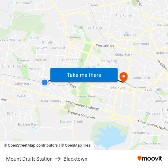 Mount Druitt Station to Blacktown map