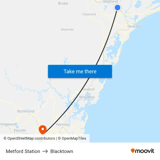 Metford Station to Blacktown map