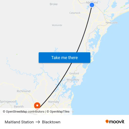 Maitland Station to Blacktown map