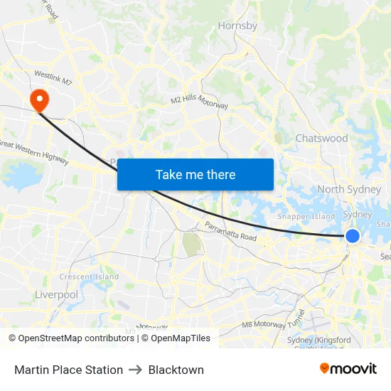 Martin Place Station to Blacktown map