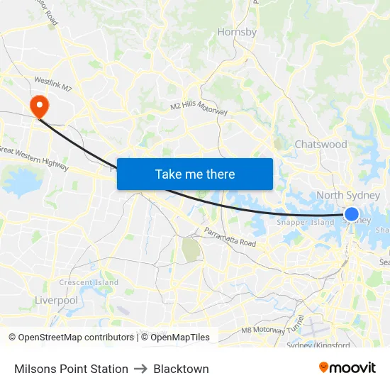 Milsons Point Station to Blacktown map