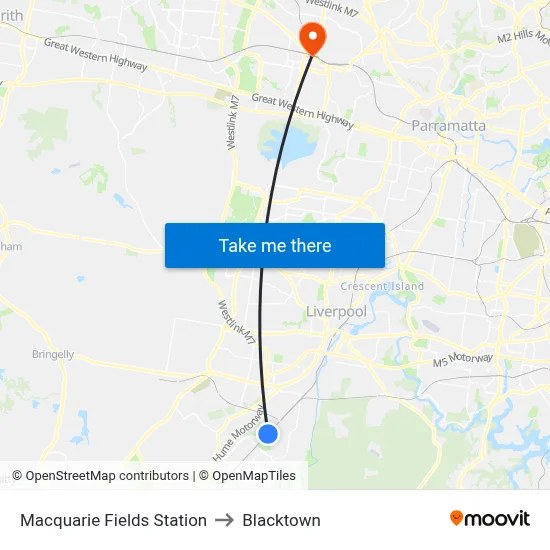 Macquarie Fields Station to Blacktown map