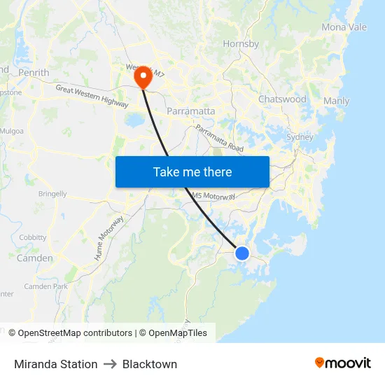 Miranda Station to Blacktown map