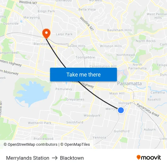 Merrylands Station to Blacktown map