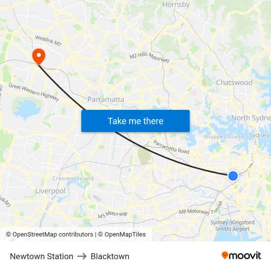 Newtown Station to Blacktown map