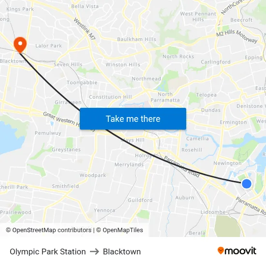 Olympic Park Station to Blacktown map