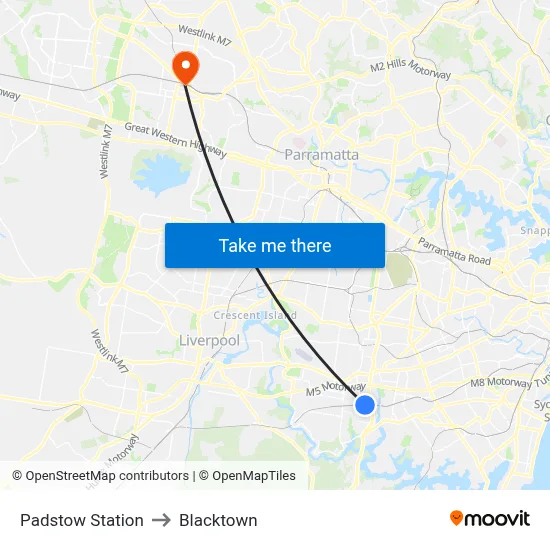 Padstow Station to Blacktown map