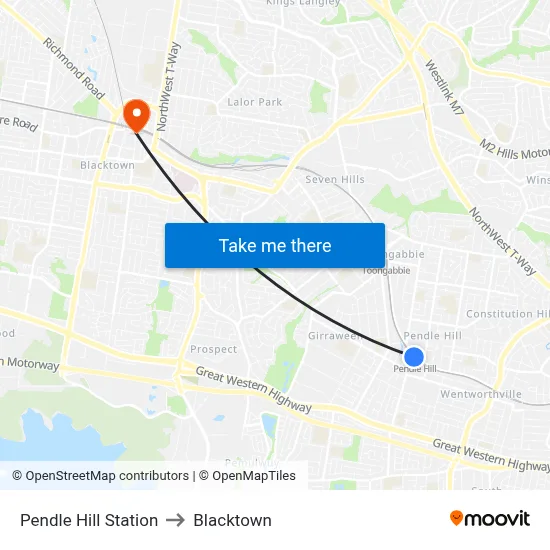 Pendle Hill Station to Blacktown map