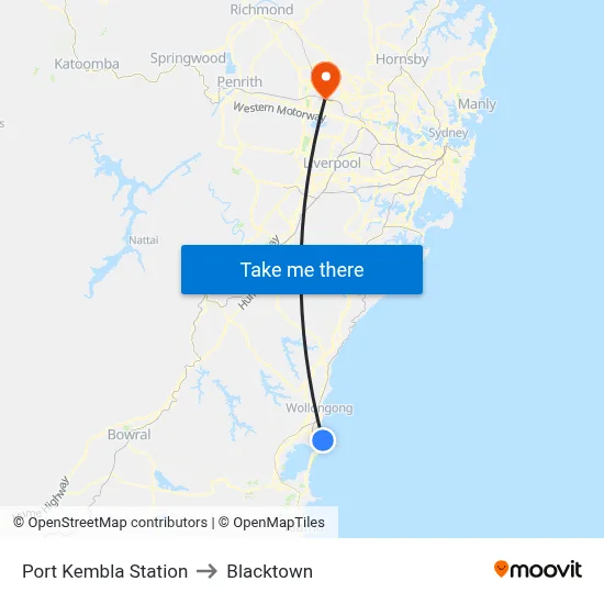 Port Kembla Station to Blacktown map