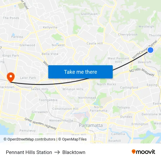 Pennant Hills Station to Blacktown map