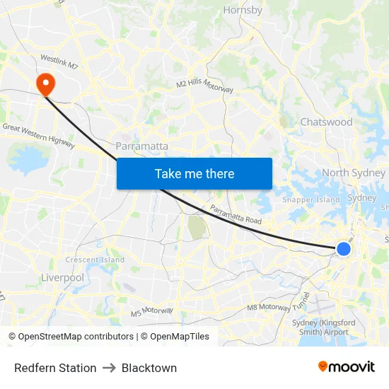 Redfern Station to Blacktown map
